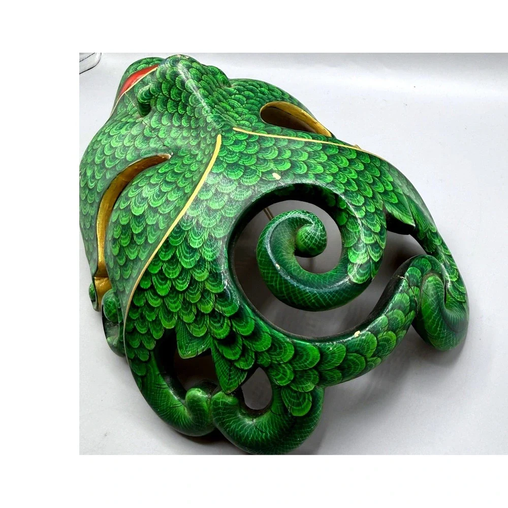 Balinese Batik Wood Mask Green Scale Hand Painted Bali Indonesia Folk Art 11.5in